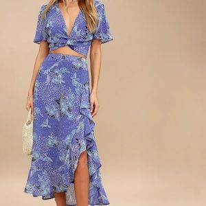 Lulu’s Views Periwinkle Blue Floral Print Two-Piece Set Maxi Wedding Guest Dress
